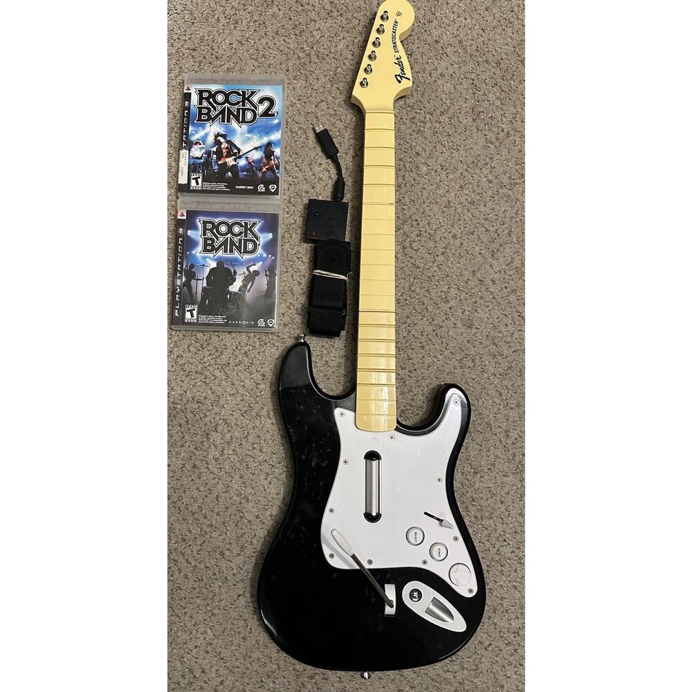 Playstation 3 PS3 Rock Band Guitar W Stratocaster Dongle & Rockband 1 2